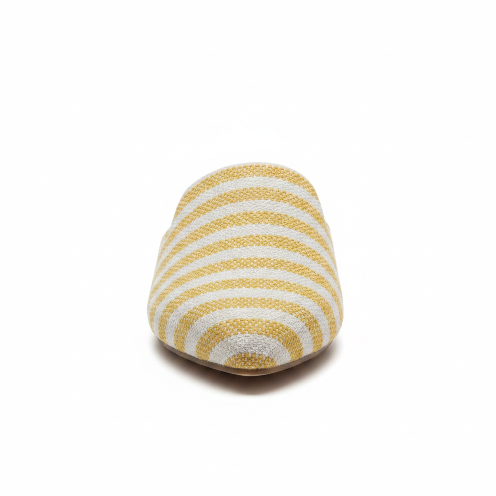Front view of women's pointed toe mule showing yellow and white horizontal stripe woven upper on white background