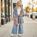 Oli & Hali women's denim marsala patchwork hooded shacket styled open on city sidewalk - BellanBlue

