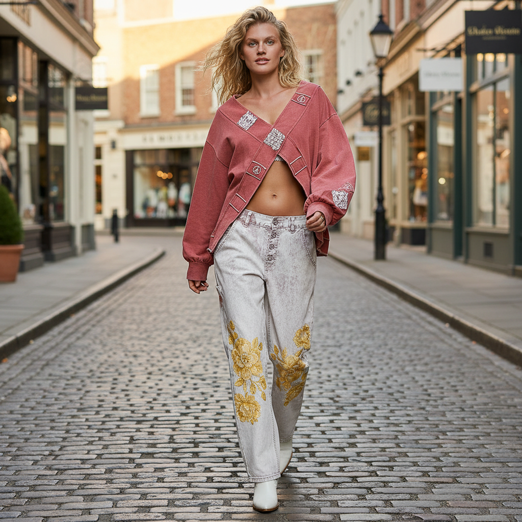 POL Clothing women's washed rose wrap sweatshirt top with peace sign hardware, cobblestone street style