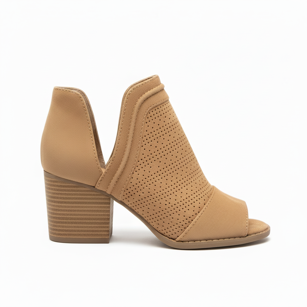 Women's tan perforated peep toe bootie with stacked block heel and deep side cutouts, side profile view showing heel height