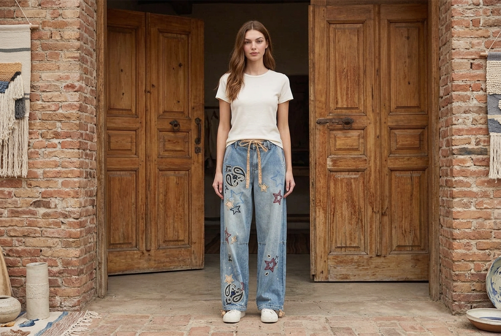 Woman wearing blue star and paisley embroidered jeans with an ivory tee at a rustic gallery entrance