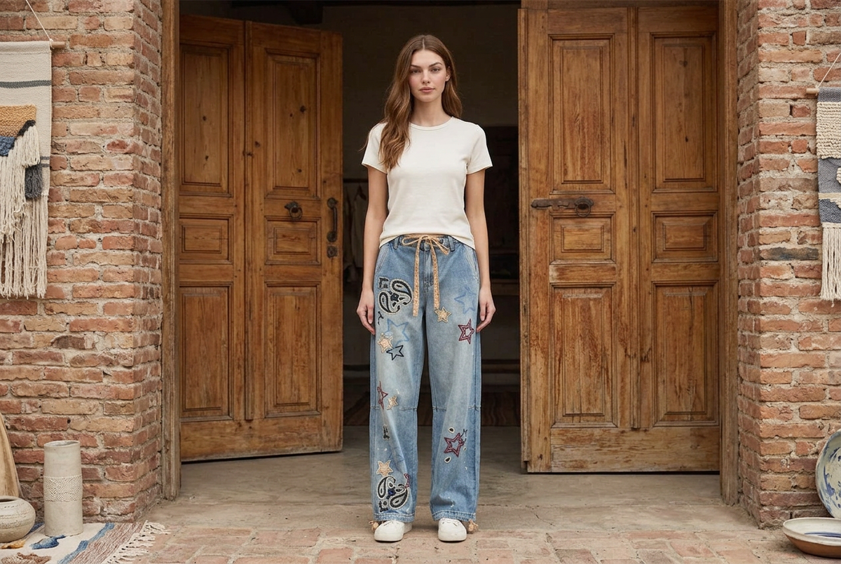 Woman wearing blue star and paisley embroidered jeans with an ivory tee at a rustic gallery entrance