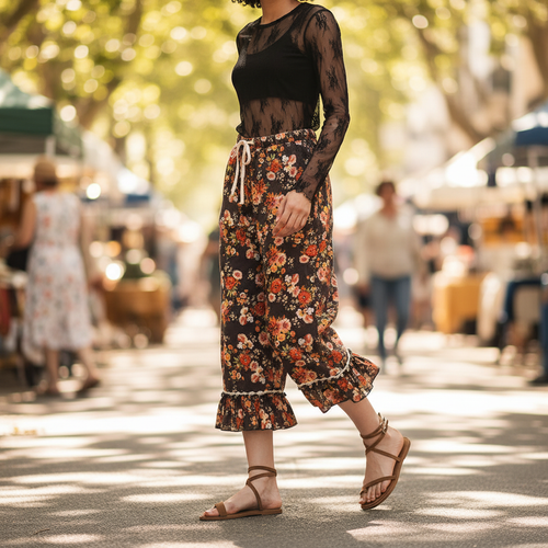 Women's dark brown floral ruffle hem capri pants in motion, wide-leg silhouette, three-quarter view