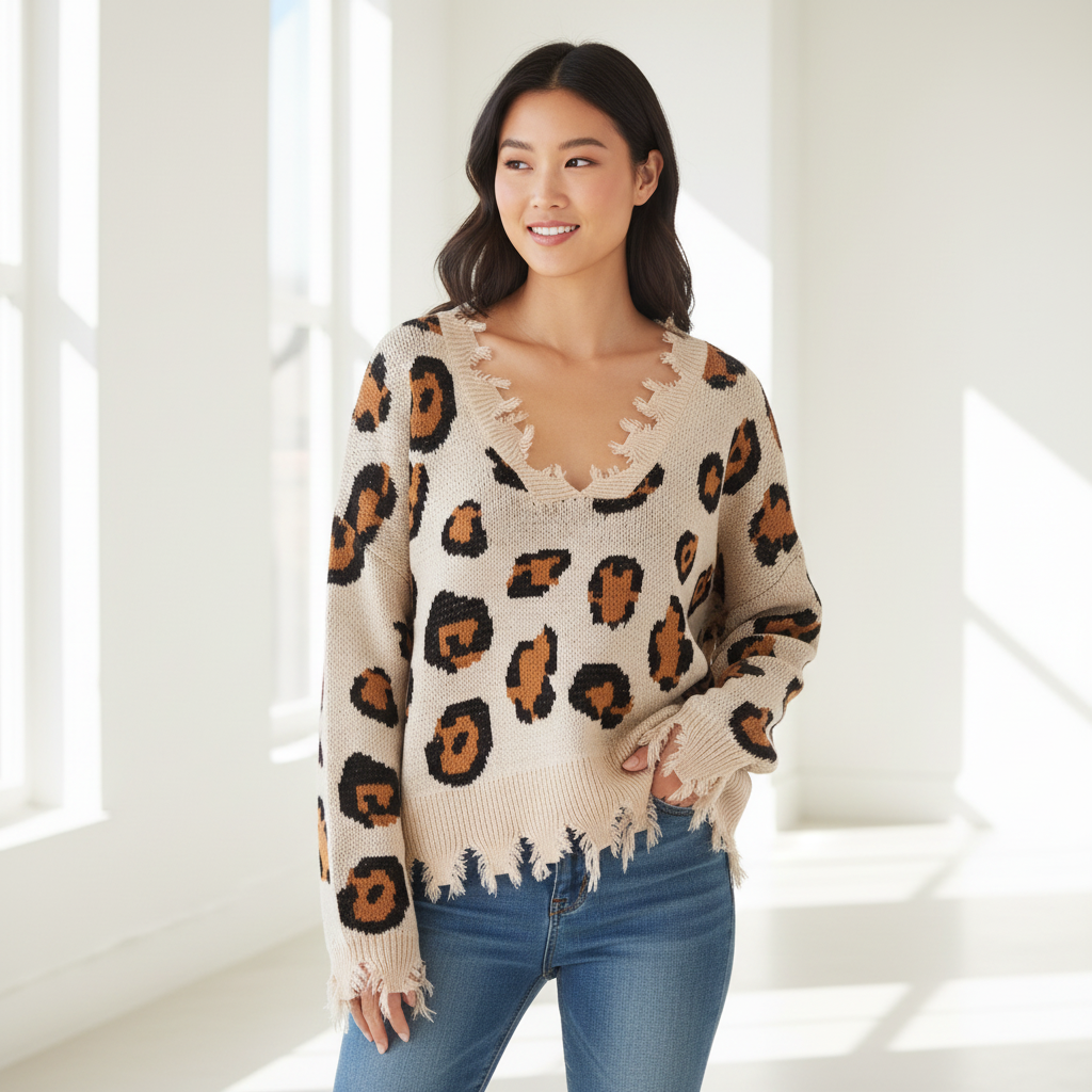 Women's ivory leopard print oversized knit sweater, standing, casual boho style