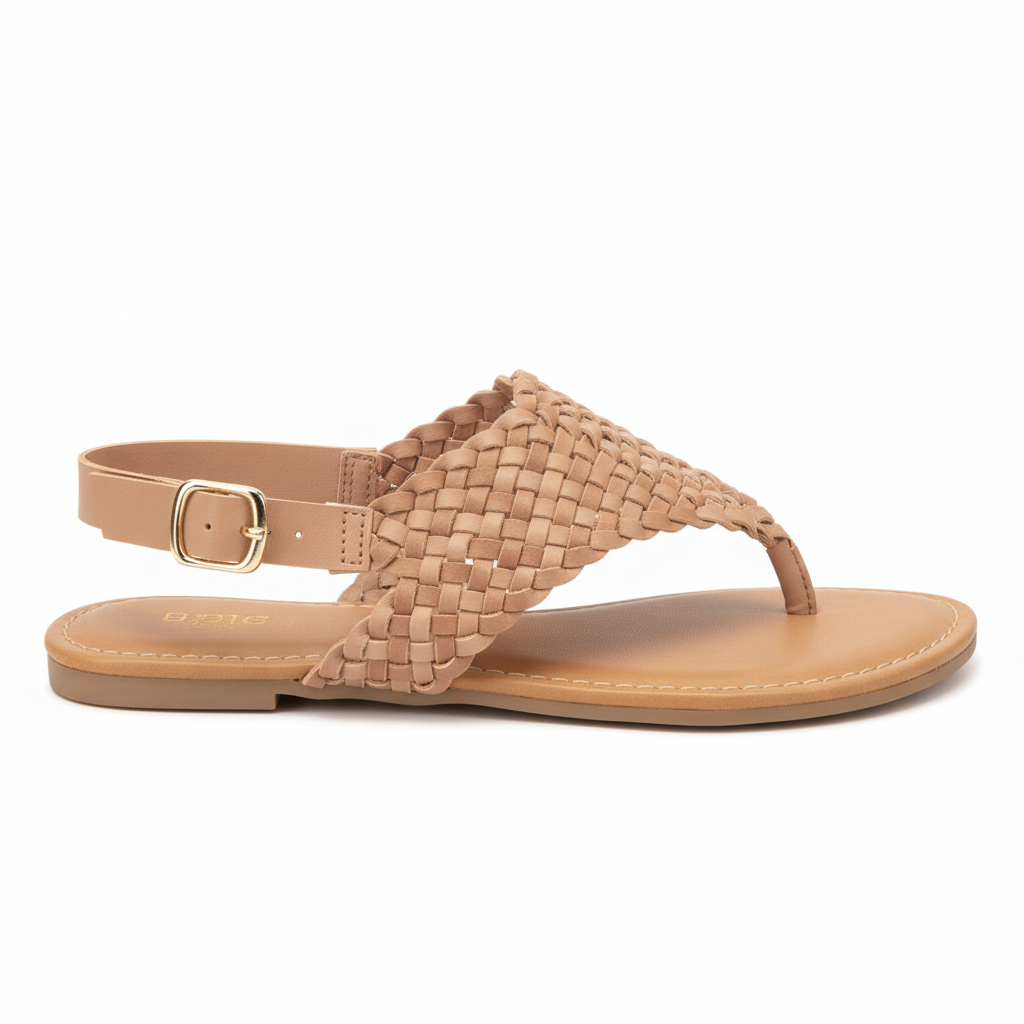 Women's nude woven braided flat thong sandal with tan footbed and gold buckle slingback side profile view