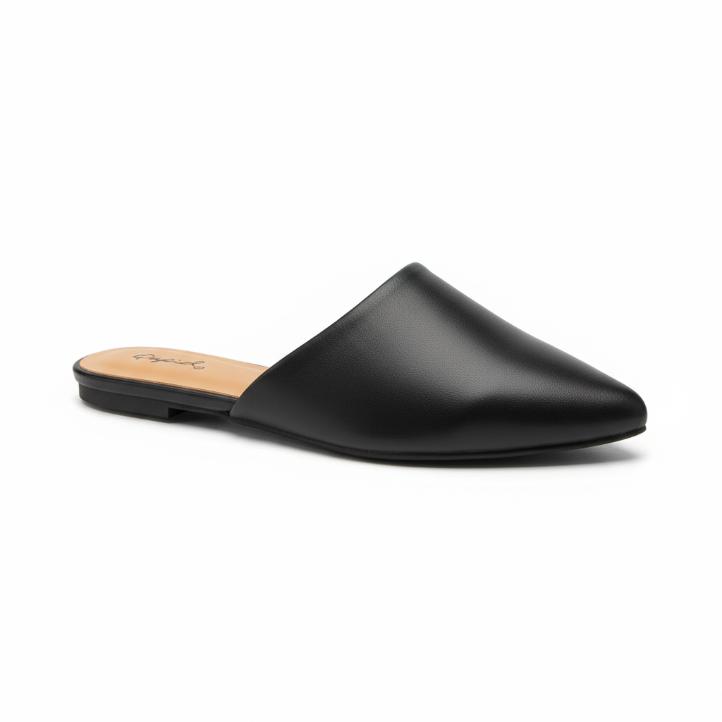 Women's black faux leather pointed-toe flat mule, side profile view, white background - BellanBlue