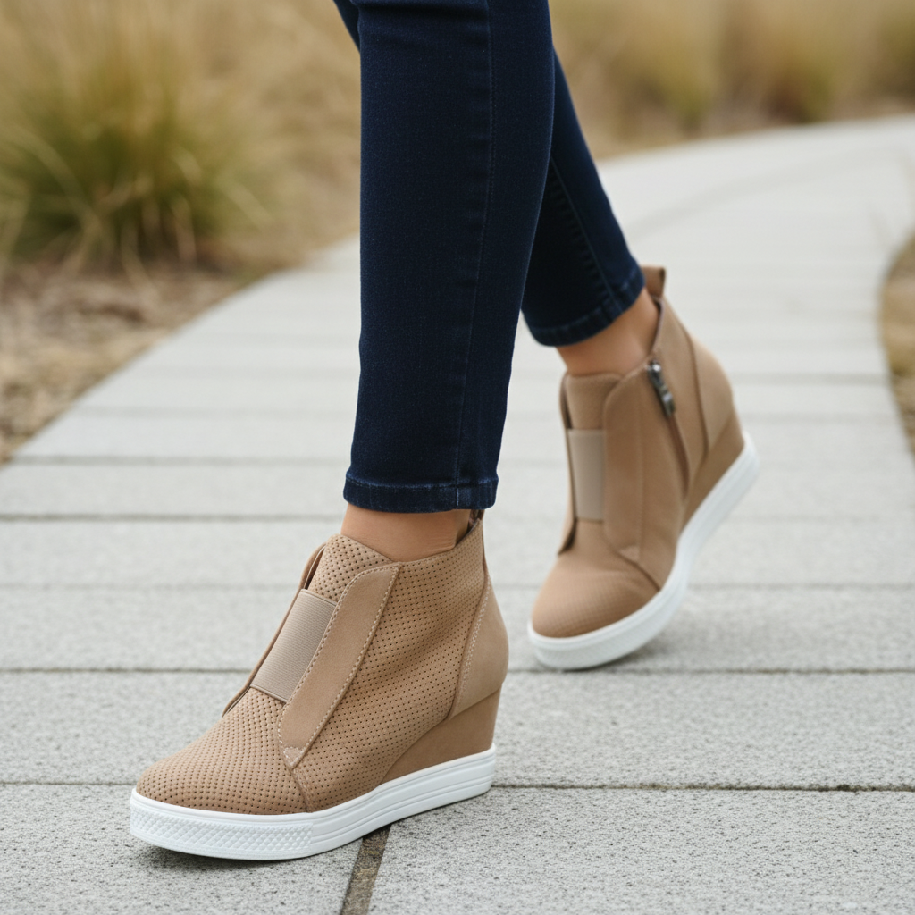 Woman walking in camel perforated wedge sneaker booties with dark ankle pants on stone path, mid-stride knees-down view