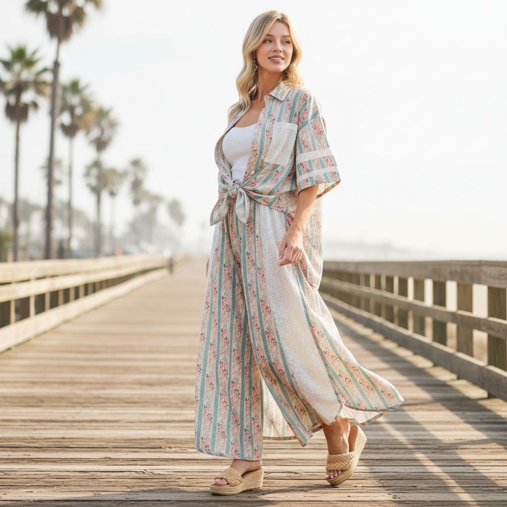 BiBi teal floral wide-leg pants with matching shirt, walking resort walkway, full silhouette view