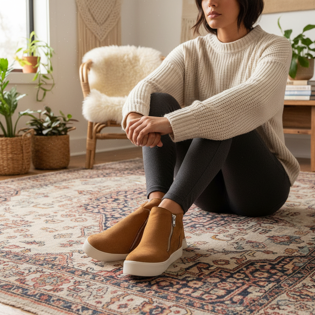 Woman sitting cross-legged wearing brown suede sneakers in boho home