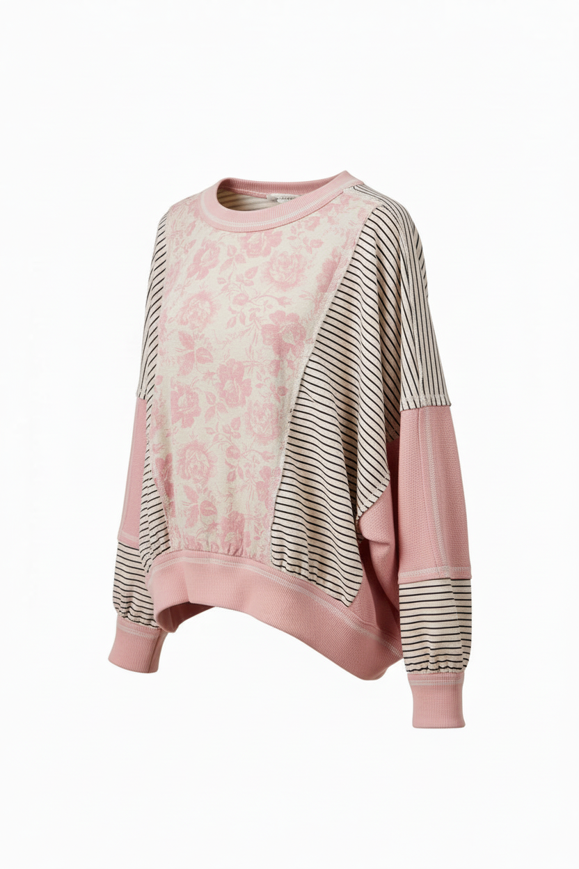 Colorblock Stripe Mix Top Oatmeal/Pink - Three-quarter angle view with interior shoulder detail visible