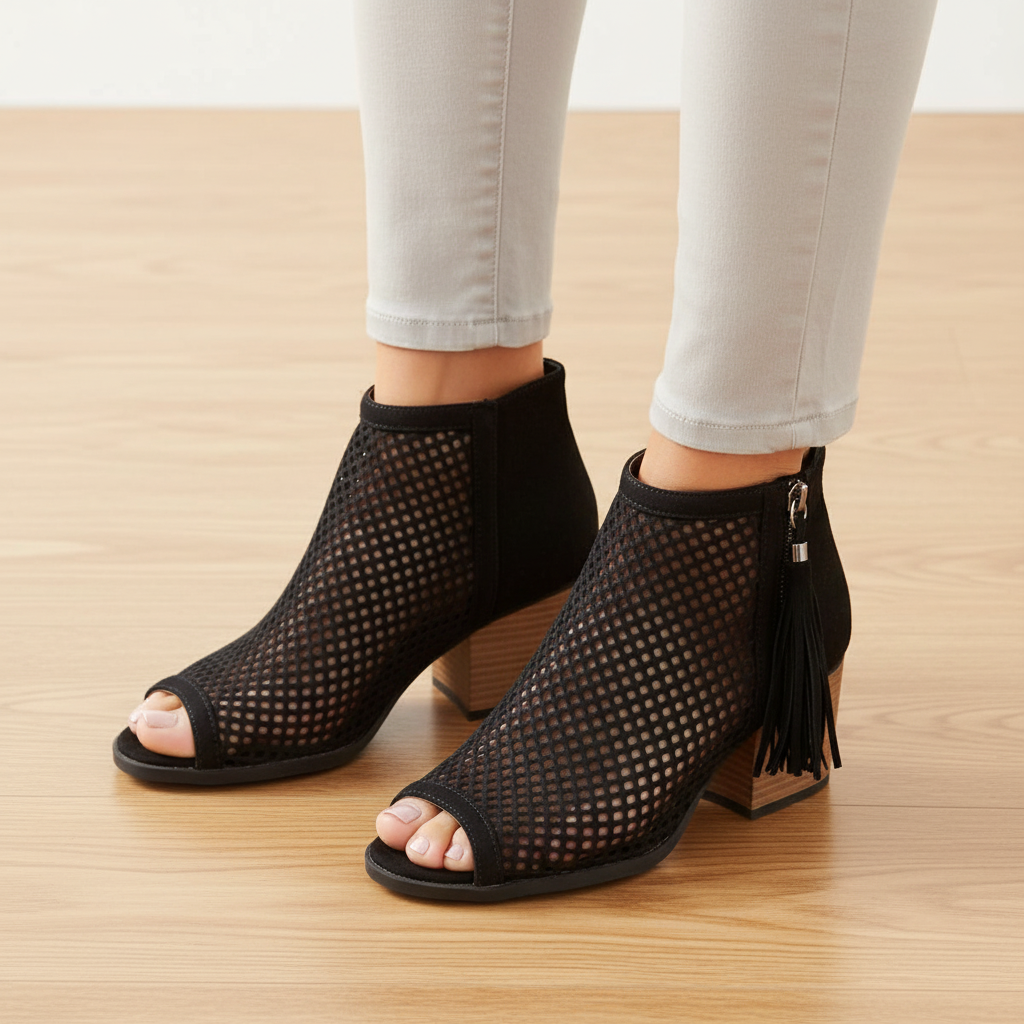 Women's black perforated mesh peep-toe booties with fringe tassel zipper and block heel on wood floor - BellanBlue