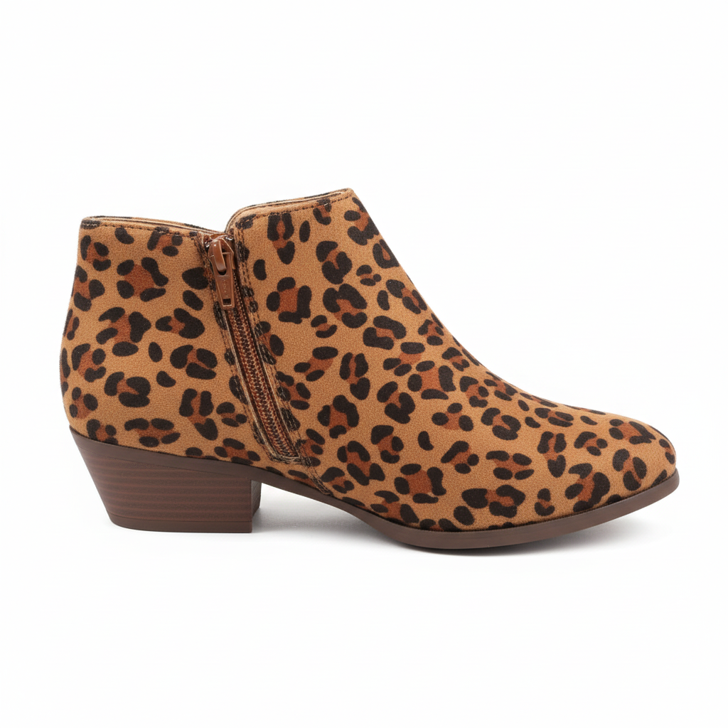 Women's leopard print booties - side profile view displaying heel height and silhouette