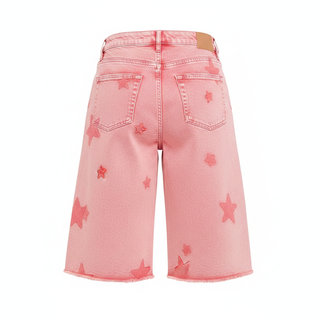Women's pink denim shorts back view star motif back pockets frayed raw hem knee length