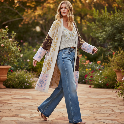 POL multicolor floral jacquard cardigan worn open over wide-leg denim, garden patio, boho brunch outfit