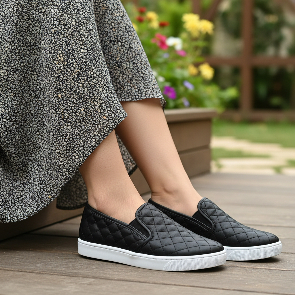 Woman seated on step wearing black quilted slip-on platform sneakers outer side view with flowy midi skirt