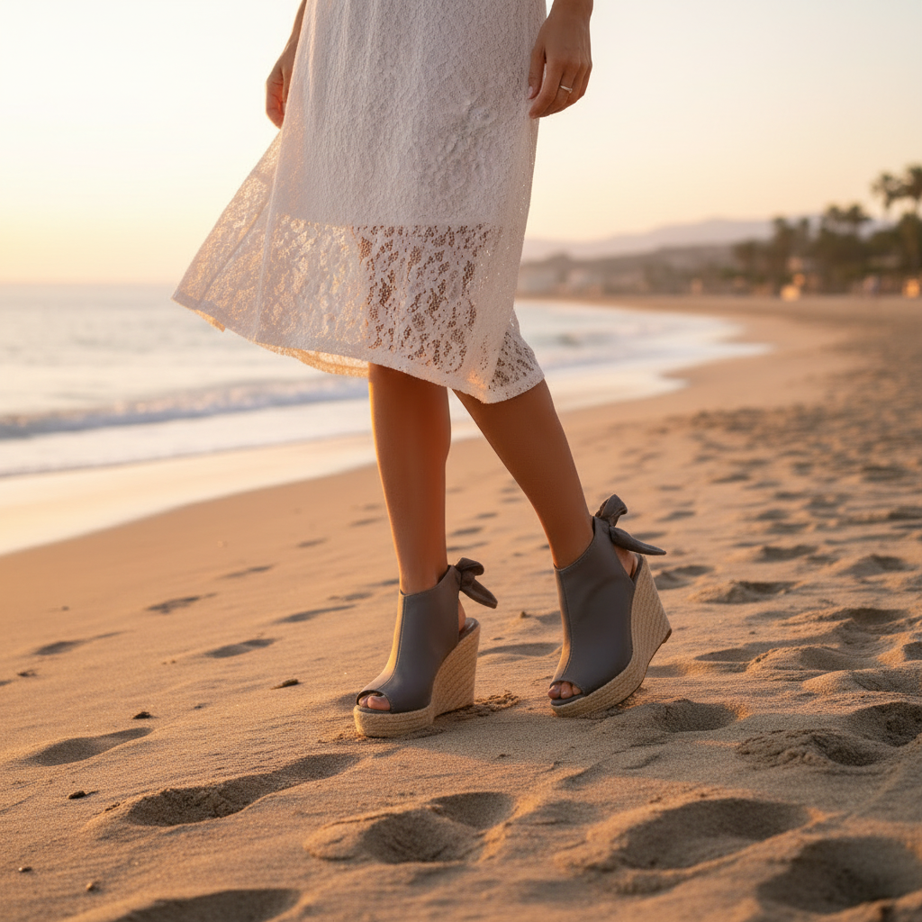 Woman wearing Refresh Emery-03 gray espadrille wedge sandals on a coastal boardwalk at golden hour