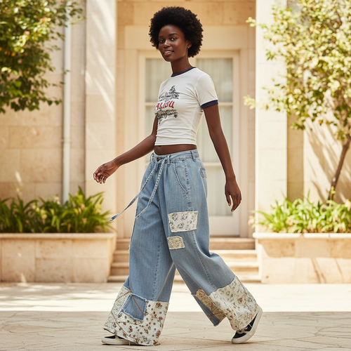Women's blue denim patchwork wide-leg pants, walking pose, floral tapestry panels, ultra baggy fit