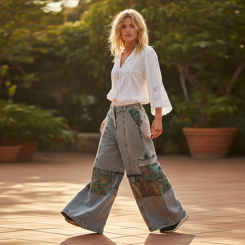 POL women's patchwork wide-leg pants, botanical tapestry panels, resort courtyard coordinating set