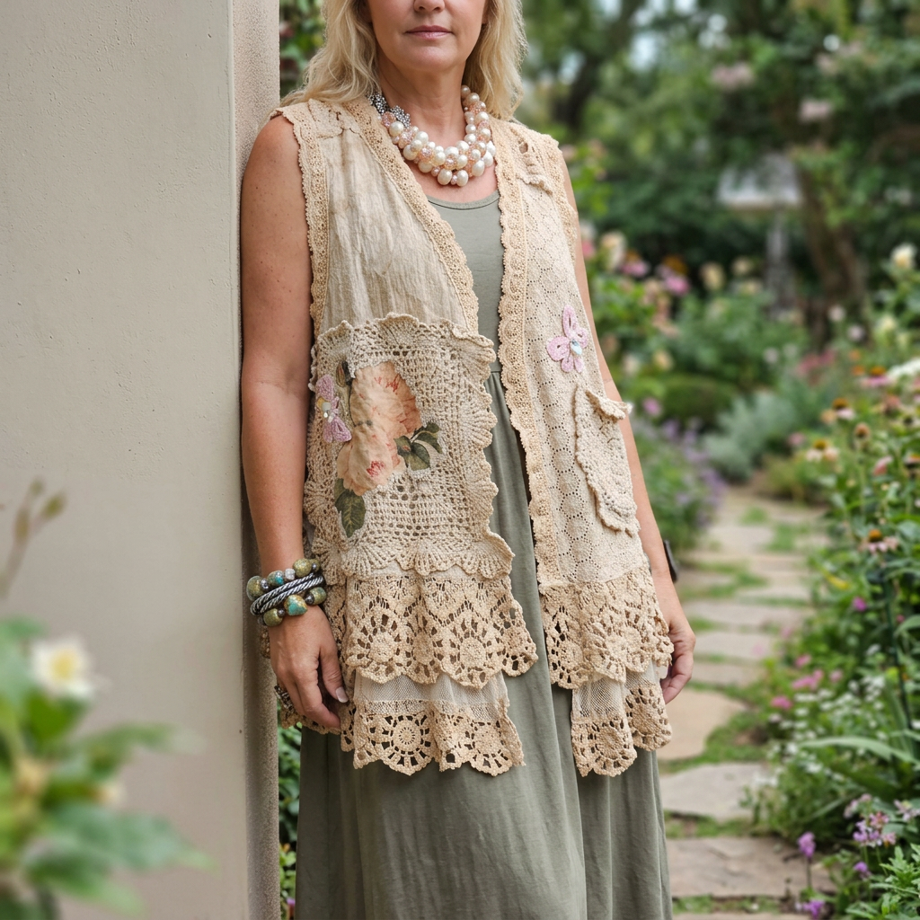 A Rare Bird Shop women's beige patchwork crochet vest layered over an olive dress in a garden
