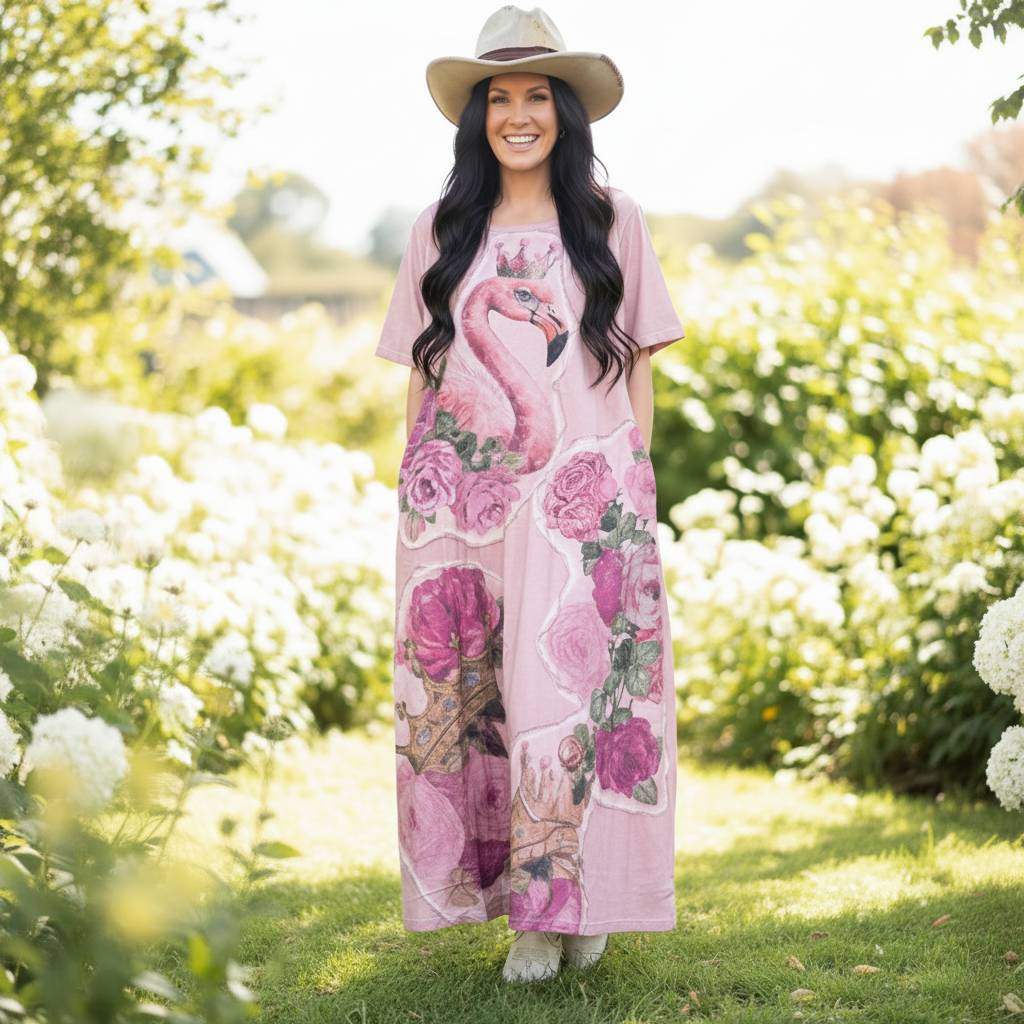 Women's blush pink flamingo graphic maxi dress, jersey knit, relaxed caftan fit, styled with western boots