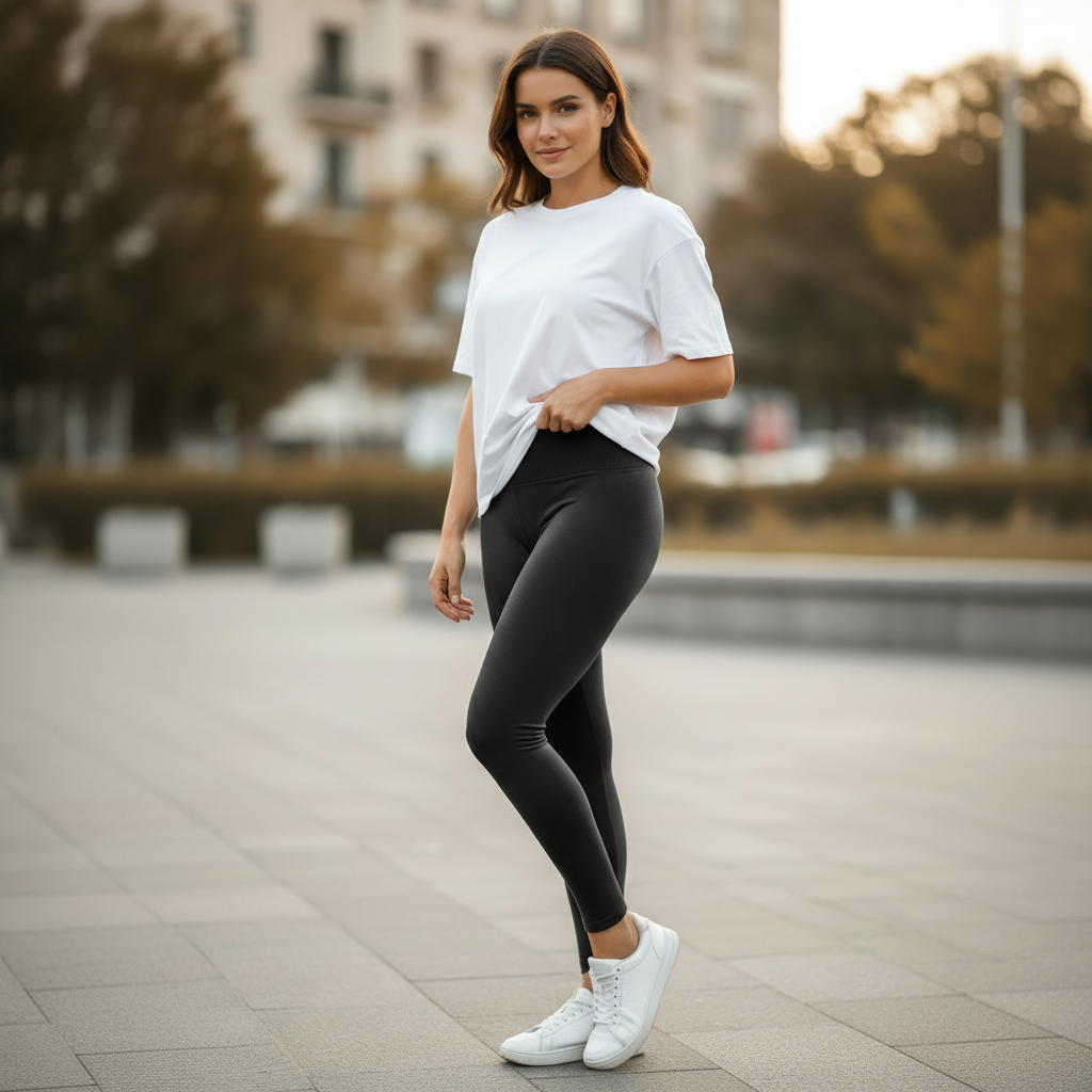 Charcoal women’s high-waist fleece-lined leggings styled with white sneakers