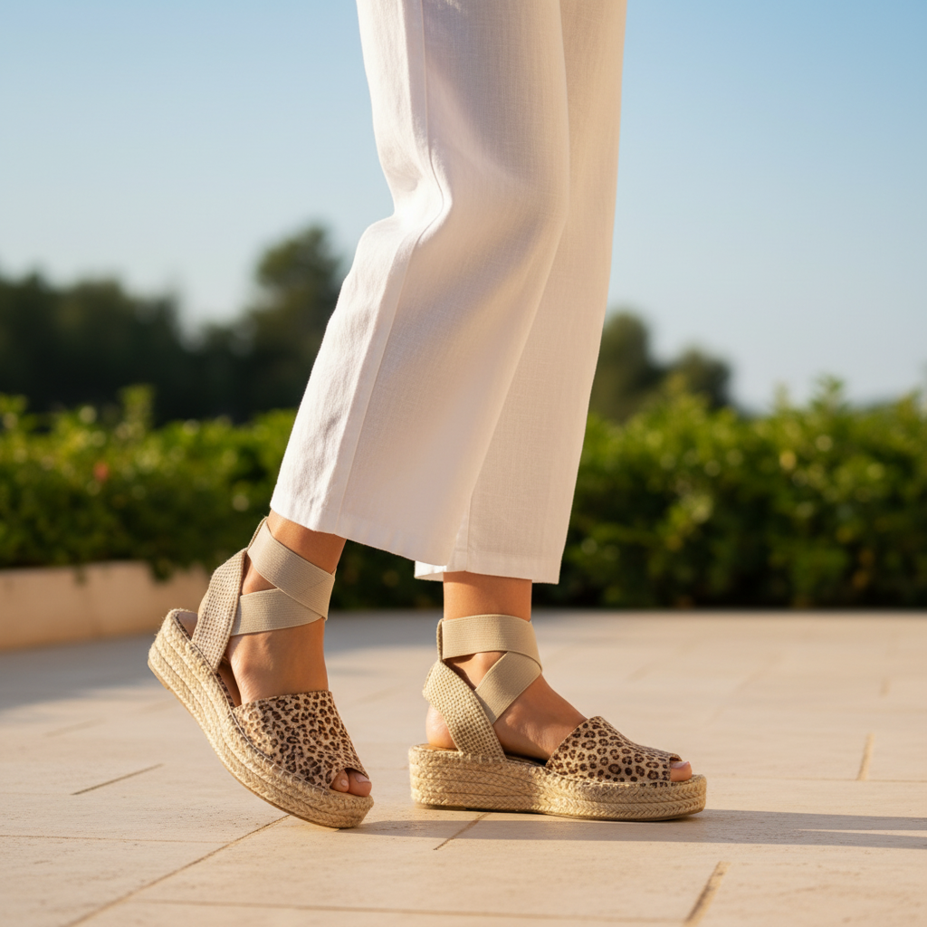 Women's oat leopard espadrille platform sandal styled for a Mediterranean summer outfit on warm stone terrace