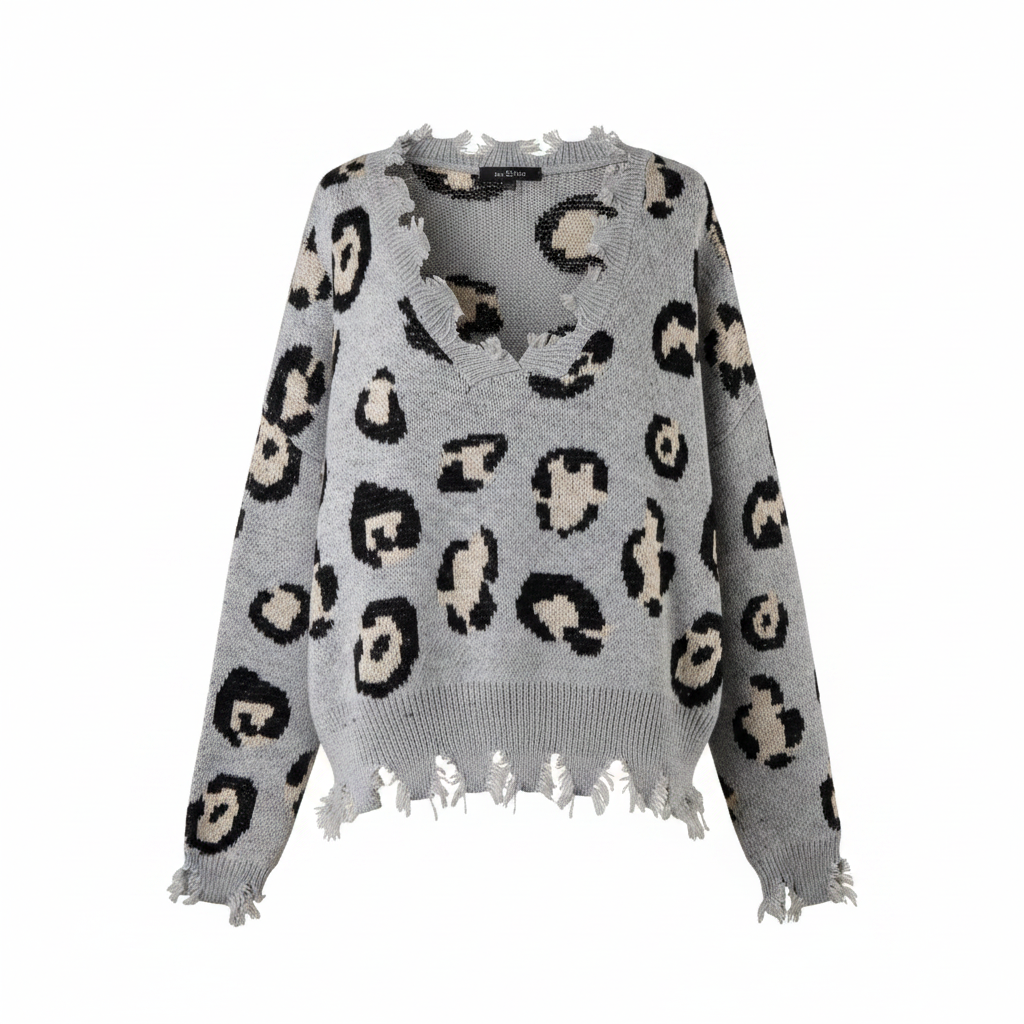 Women's grey leopard print distressed knit sweater, ghost mannequin front, frayed V-neckline, oversized fit