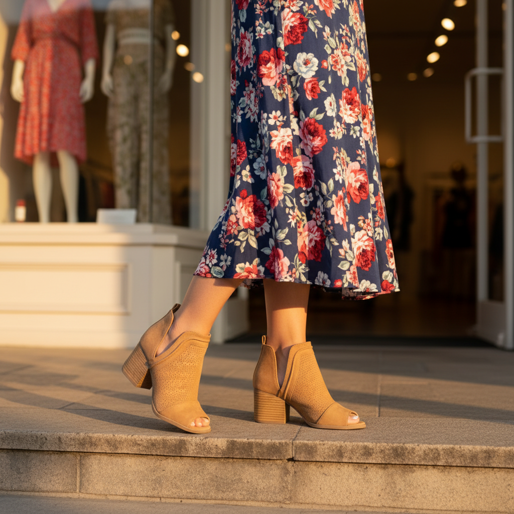Women's tan perforated peep toe block heel booties styled with floral midi skirt outside boutique, golden hour editorial look