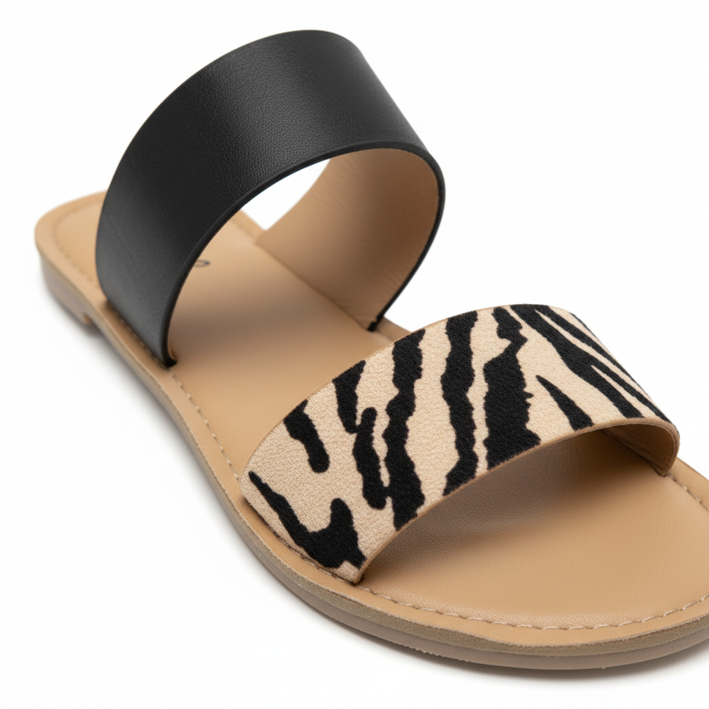 Close-up detail of zebra print fabric strap and black smooth faux leather strap contrast on women's slide sandal