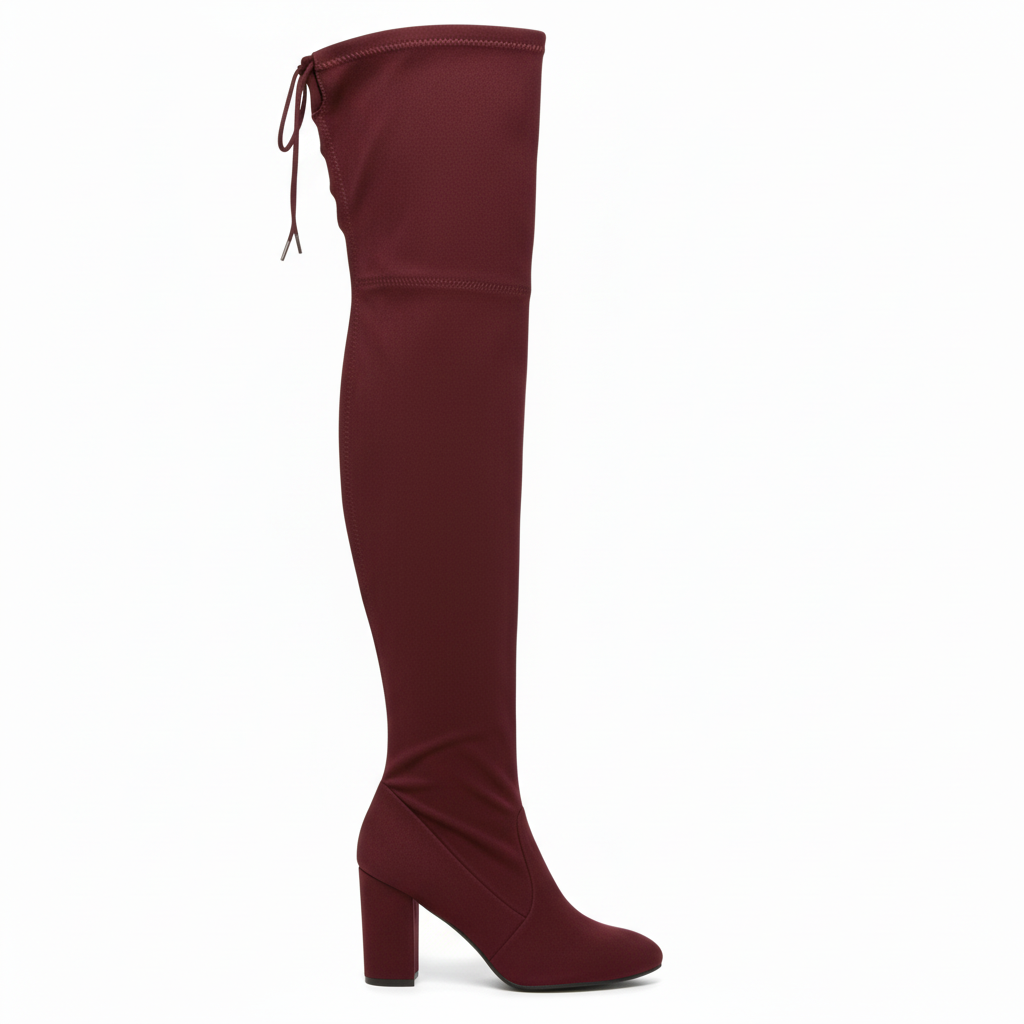 Maroon knee-high boot on a white background