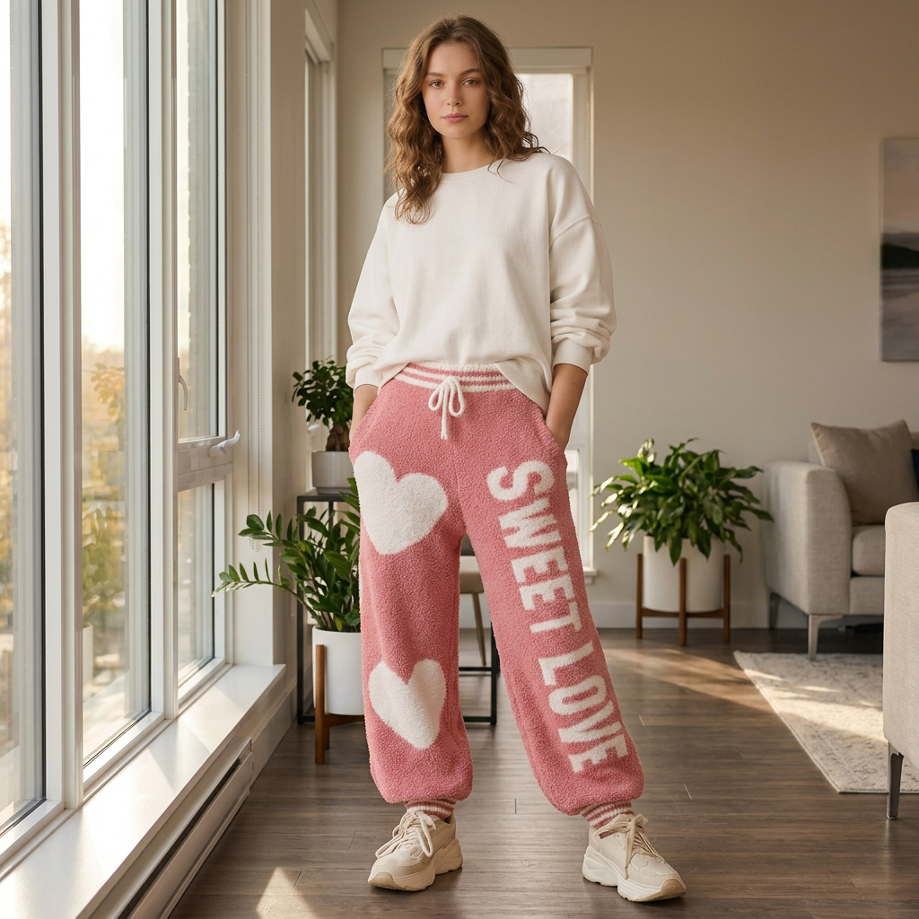 Pink heart-print Sweet Love joggers styled with a white sweatshirt beside a sunlit apartment window.
