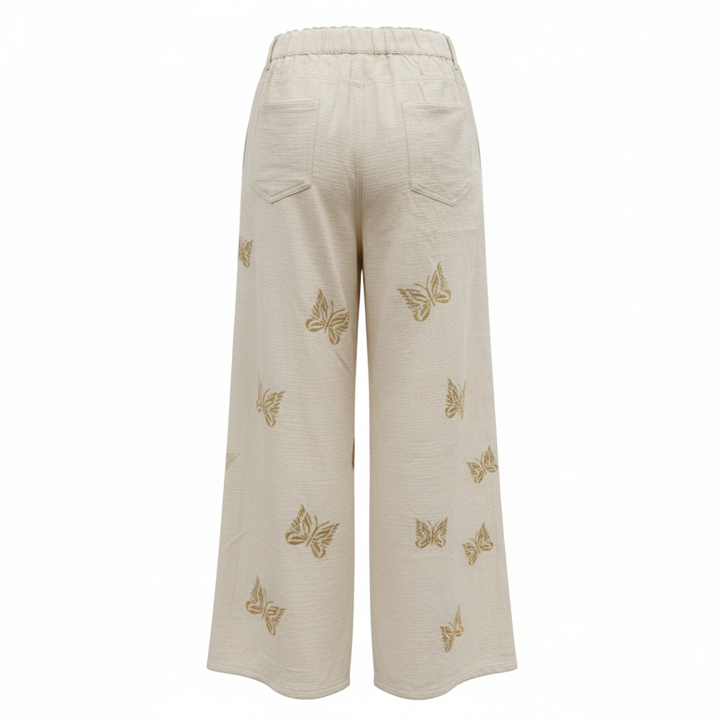 Women's natural wide-leg pants back view, patch pockets, butterfly embroidery, woven fabric, ghost mannequin