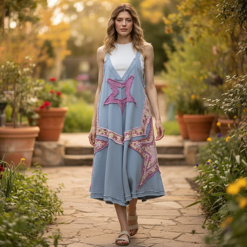 Women's boho light blue star patch wide-leg jumpsuit walking in garden patio setting