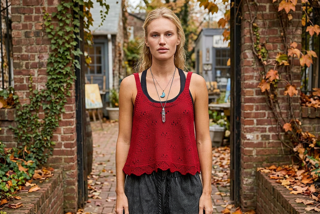 Ruby scalloped knit camisole worn with charcoal trousers in an ivy-covered brick entry