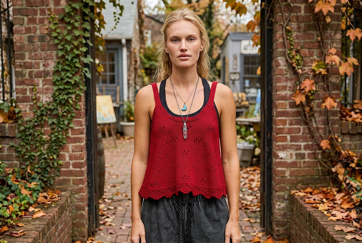 Ruby scalloped knit camisole worn with charcoal trousers in an ivy-covered brick entry