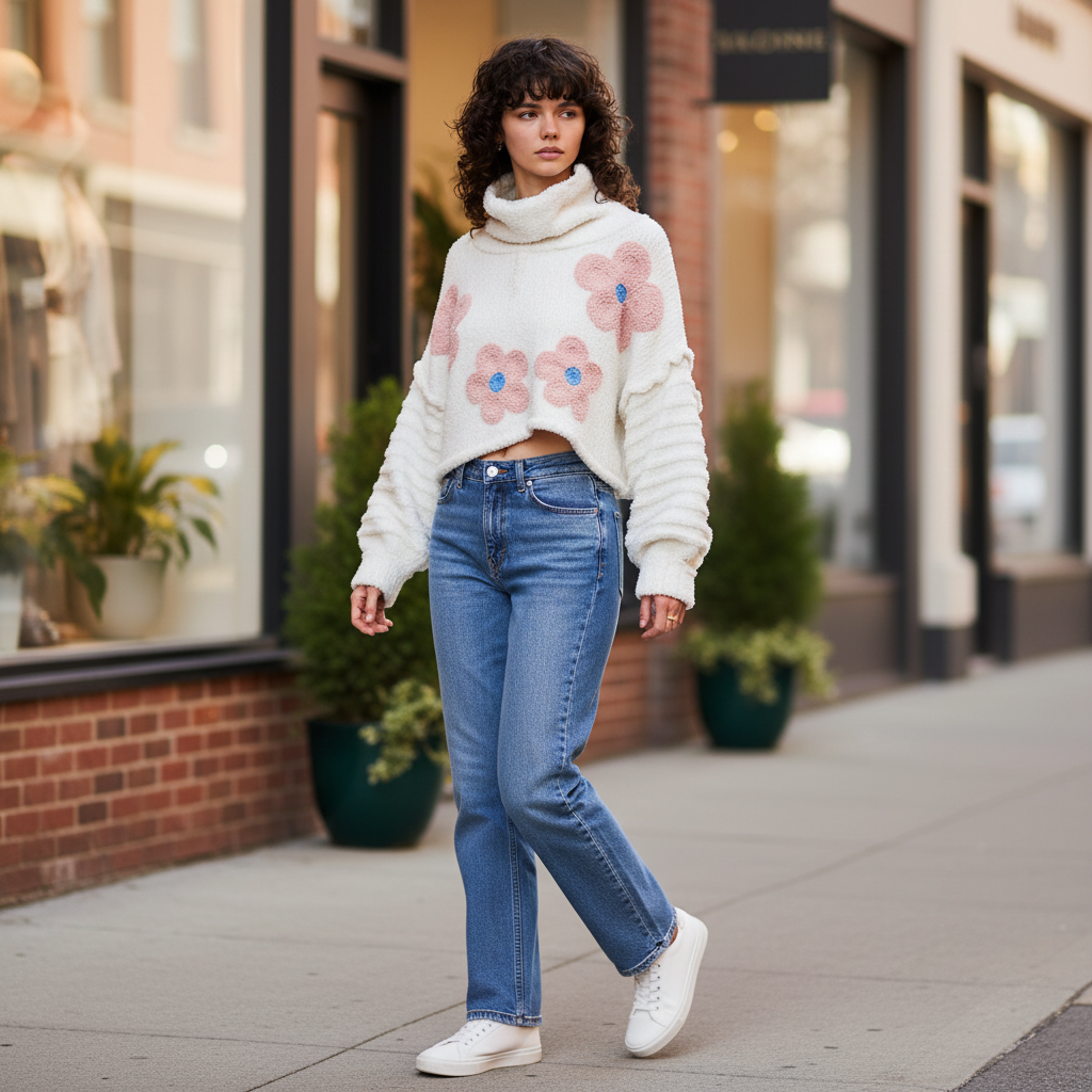 Ivory cropped balloon sleeve sweater with pink floral appliqués styled with wide-leg jeans on city street
