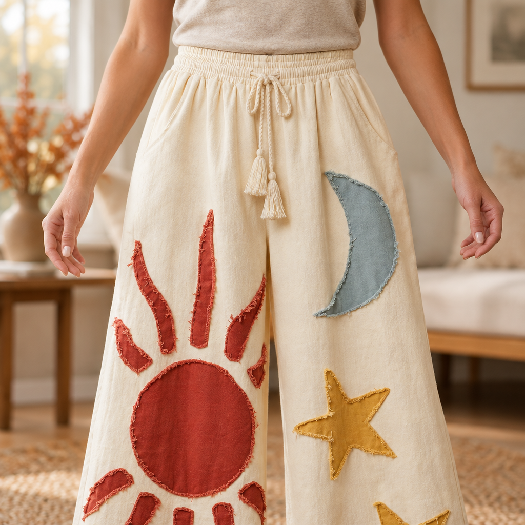 Mello women's cream pants close-up of tasseled drawstring waist and raw-edge moon and sun appliqués