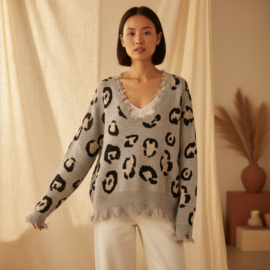 Women's grey leopard print oversized knit sweater, standing, frayed V-neckline, relaxed boho style - BellanBlue