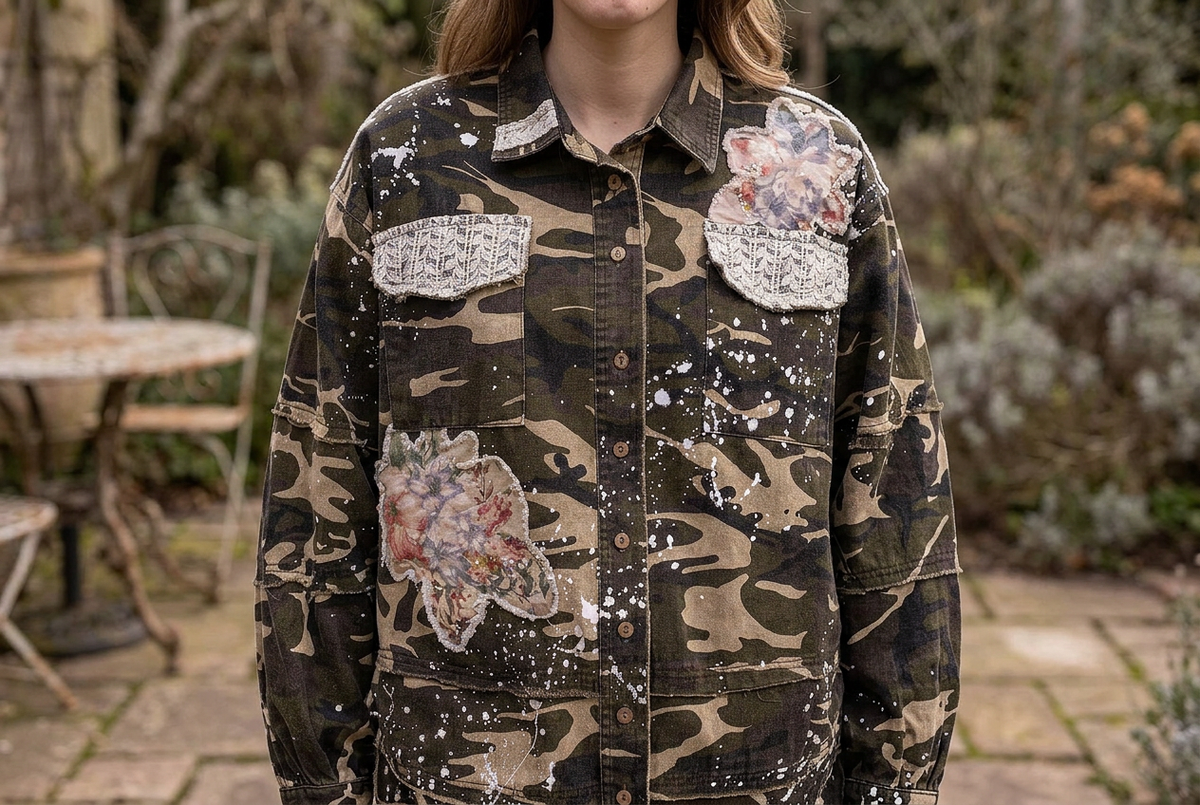 Blue Velvet camo jacket close-up with lace chest details, floral applique and paint-splatter design