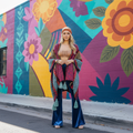 Women's multicolor chevron knit boho kimono cardigan styled with crop top and navy flare pants urban mural wall