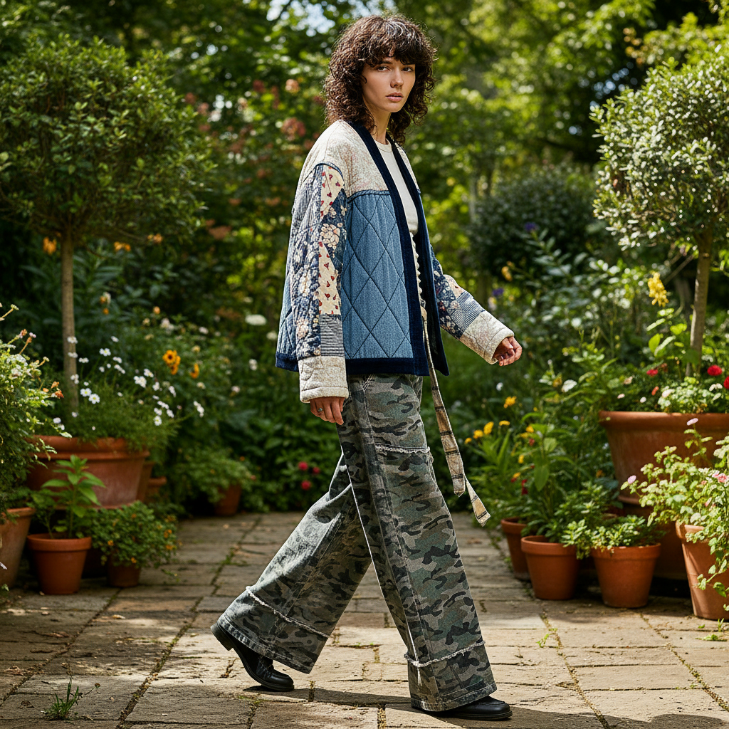 POL Clothing women's quilted denim patchwork cardigan in motion, garden patio setting