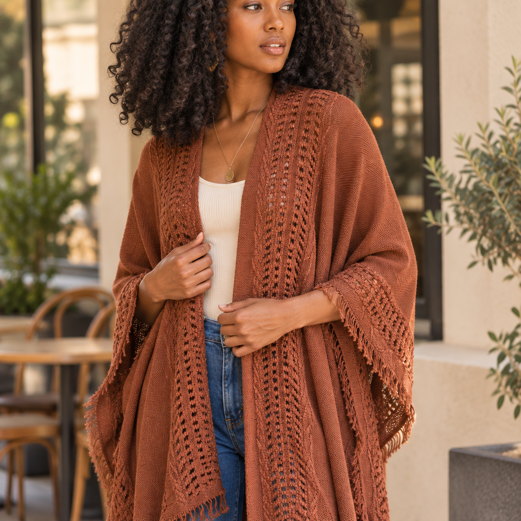 Close-up of Leto Collection women's brown ruana showing open-knit panels and fringed edges