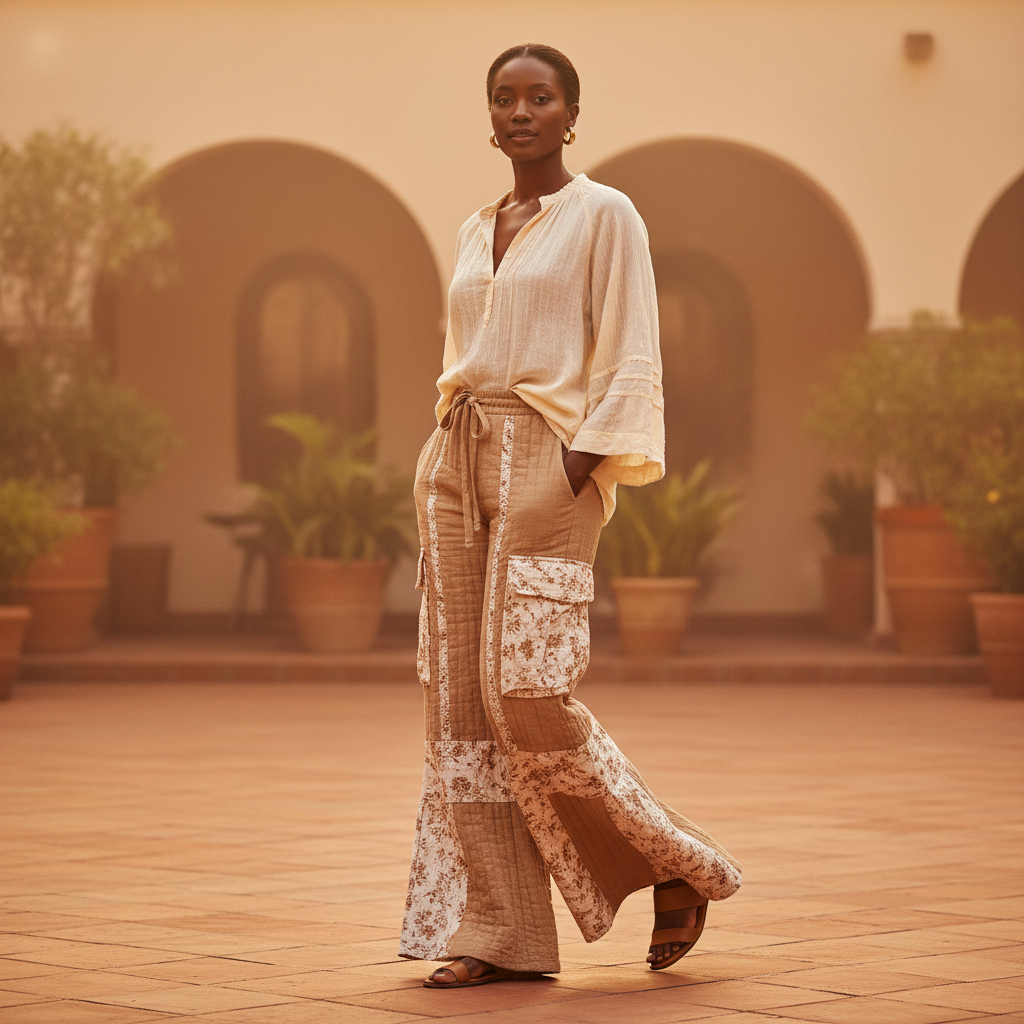 Women's latte quilted patchwork pants, walking pose, white floral hem panels, crinkle cotton, relaxed fit