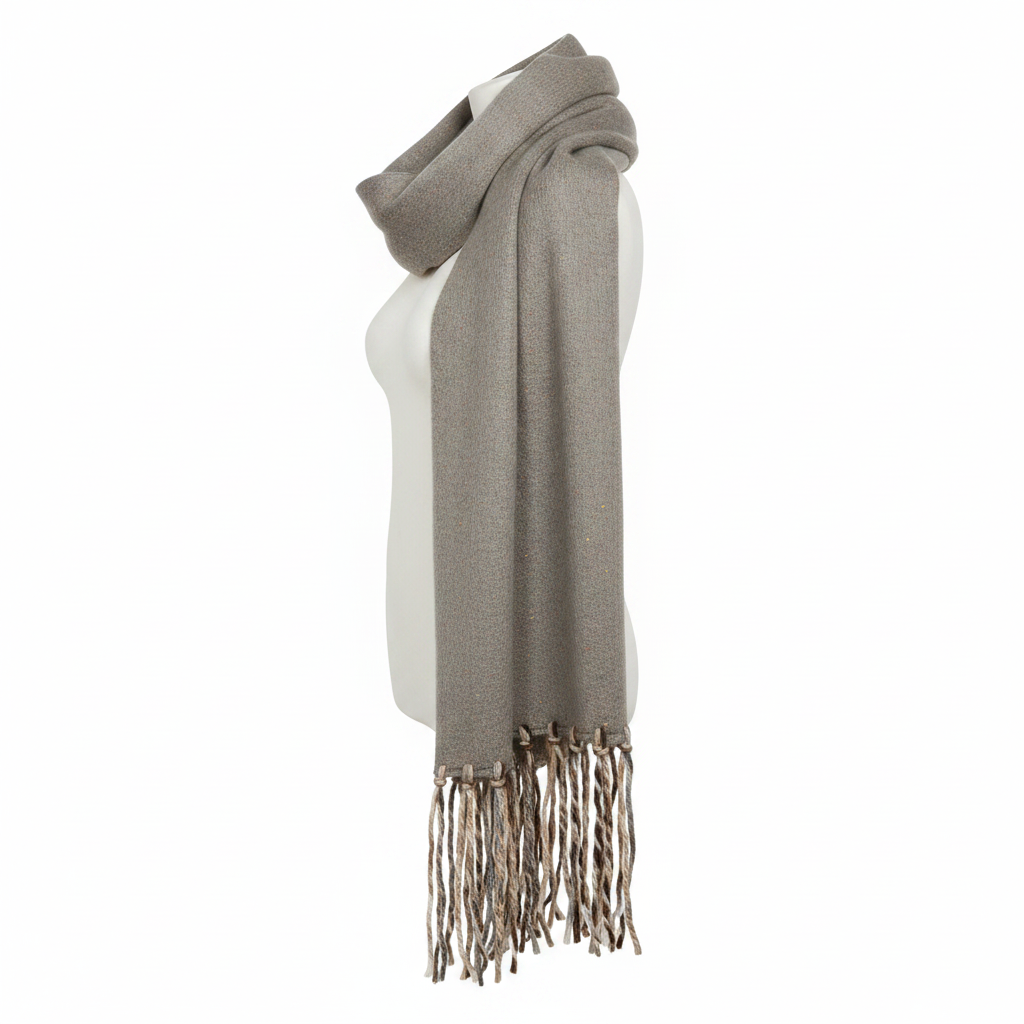 Women's heather gray knit scarf wrap, side view, full length and drape, neutral multicolor fringe