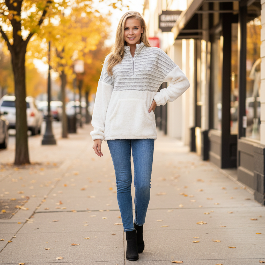 Vanilla Bay women's cream faux shearling quarter-zip pullover sweatshirt, casual street style outfit - BellanBlue