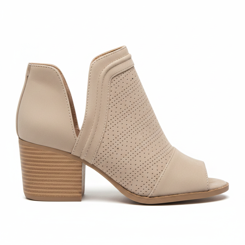 Women's light taupe perforated nubuck peep toe bootie with V-slit cutout and stacked block heel side profile view white background