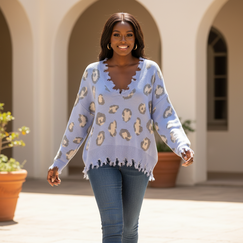 Women's periwinkle leopard distressed sweater, walking pose, oversized knit fit, casual style