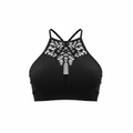 Women's black halter crop bralette ghost mannequin front, crochet cutout lace neckline, hollow floating view