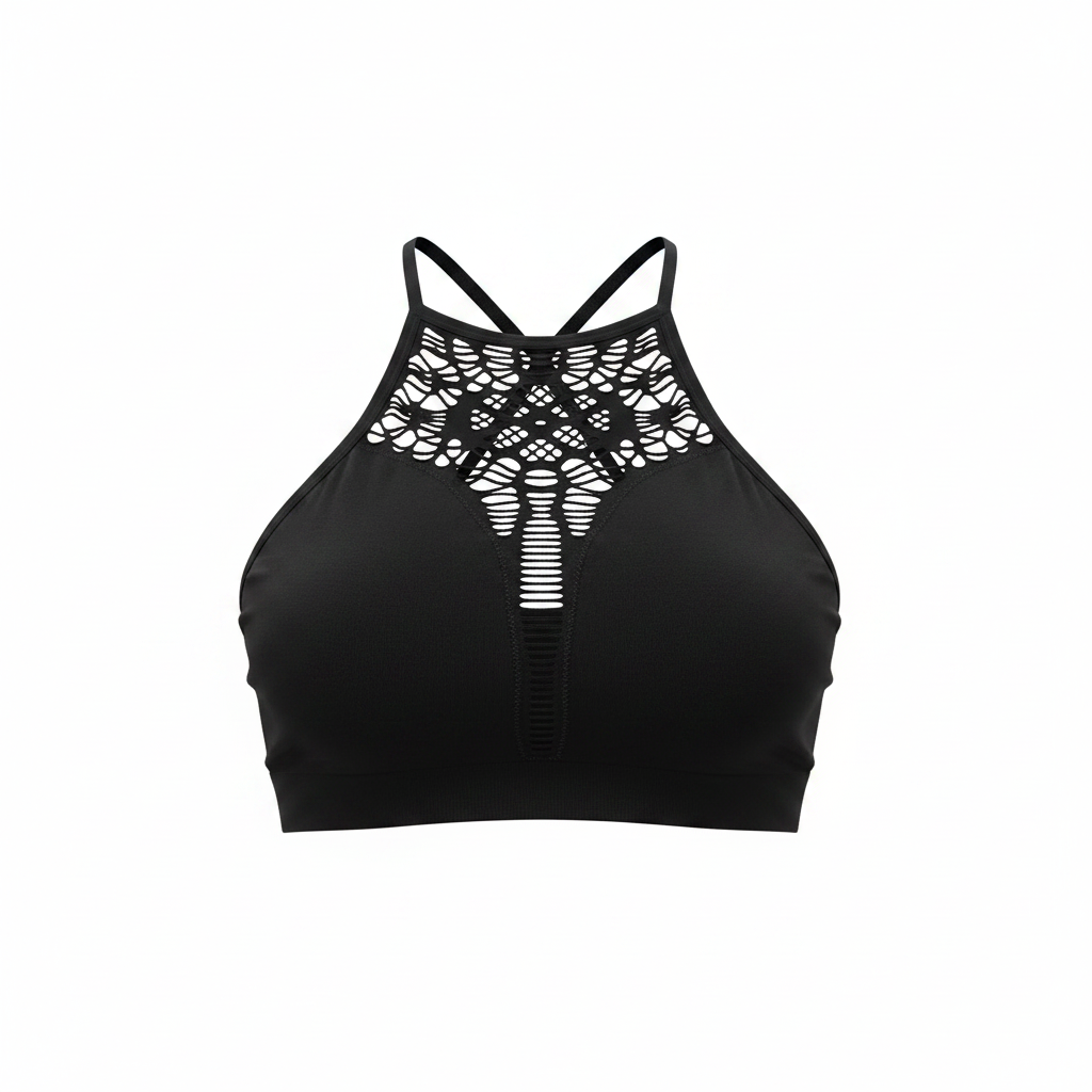Women's black halter crop bralette ghost mannequin front, crochet cutout lace neckline, hollow floating view