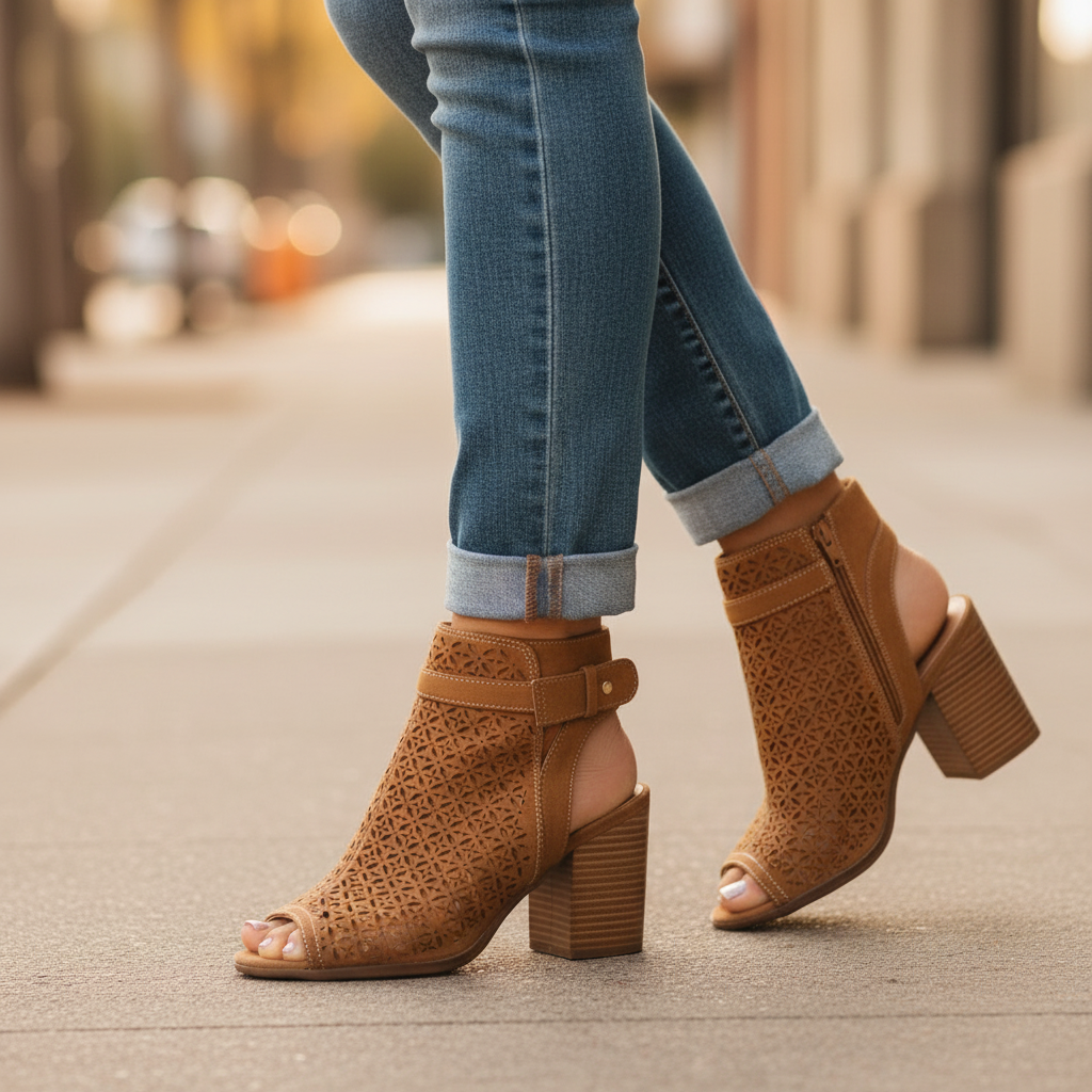 Women's tan perforated peep-toe slingback bootie styled with cuffed straight-leg denim on urban sidewalk, golden hour lighting